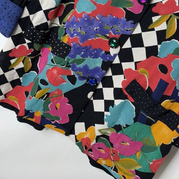 VTG 90s Carole Little Mixed Media Print Blazer Sz 8 German Rayon Artsy Floral - Picture 4 of 13